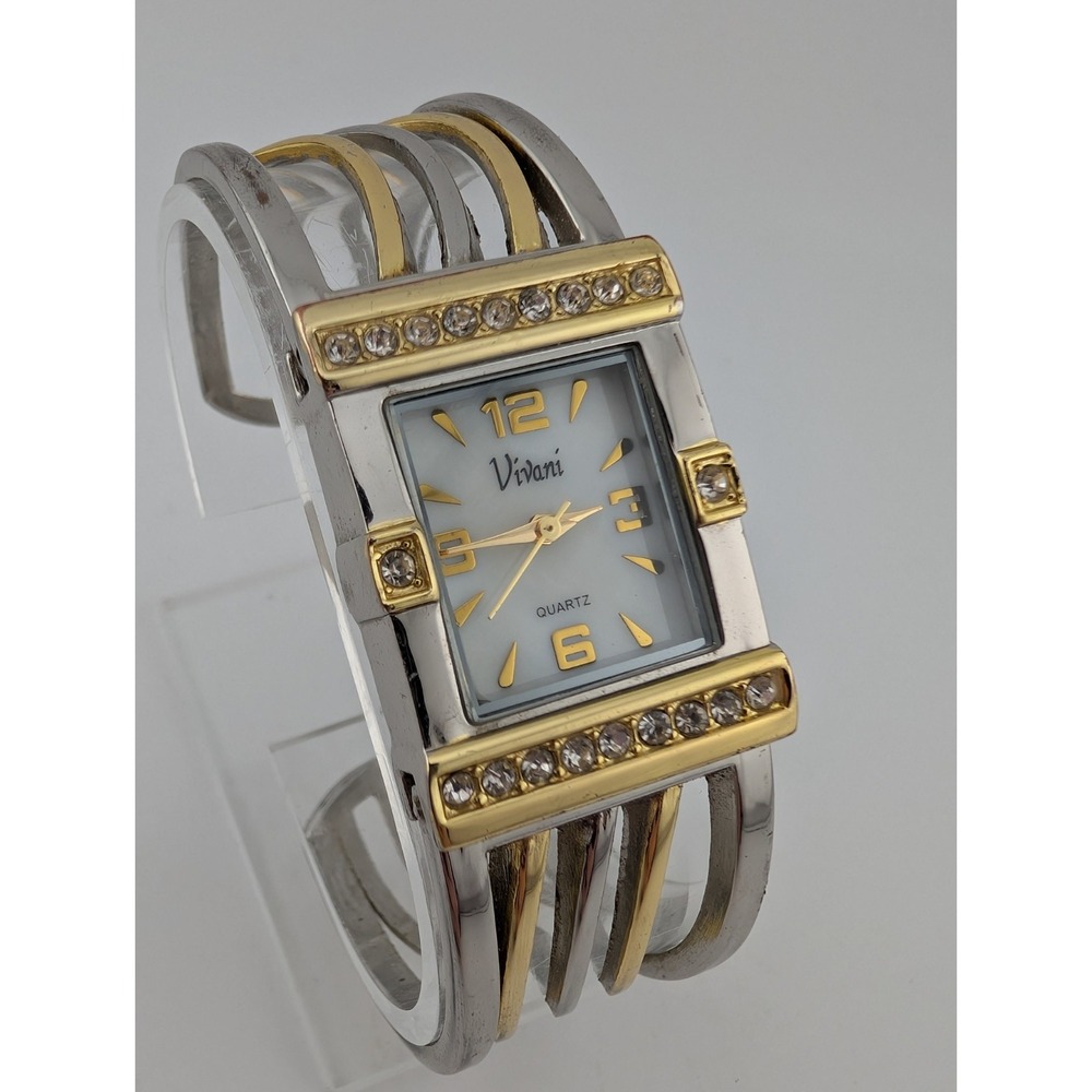Vivani Watch Women 23mm Case MOP Dial Two Tone Bangle Cuff Crystals- New Battery